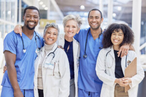 Happy portrait, group and doctors for healthcare service, leader