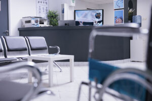 Patient reception area with no staff members attending